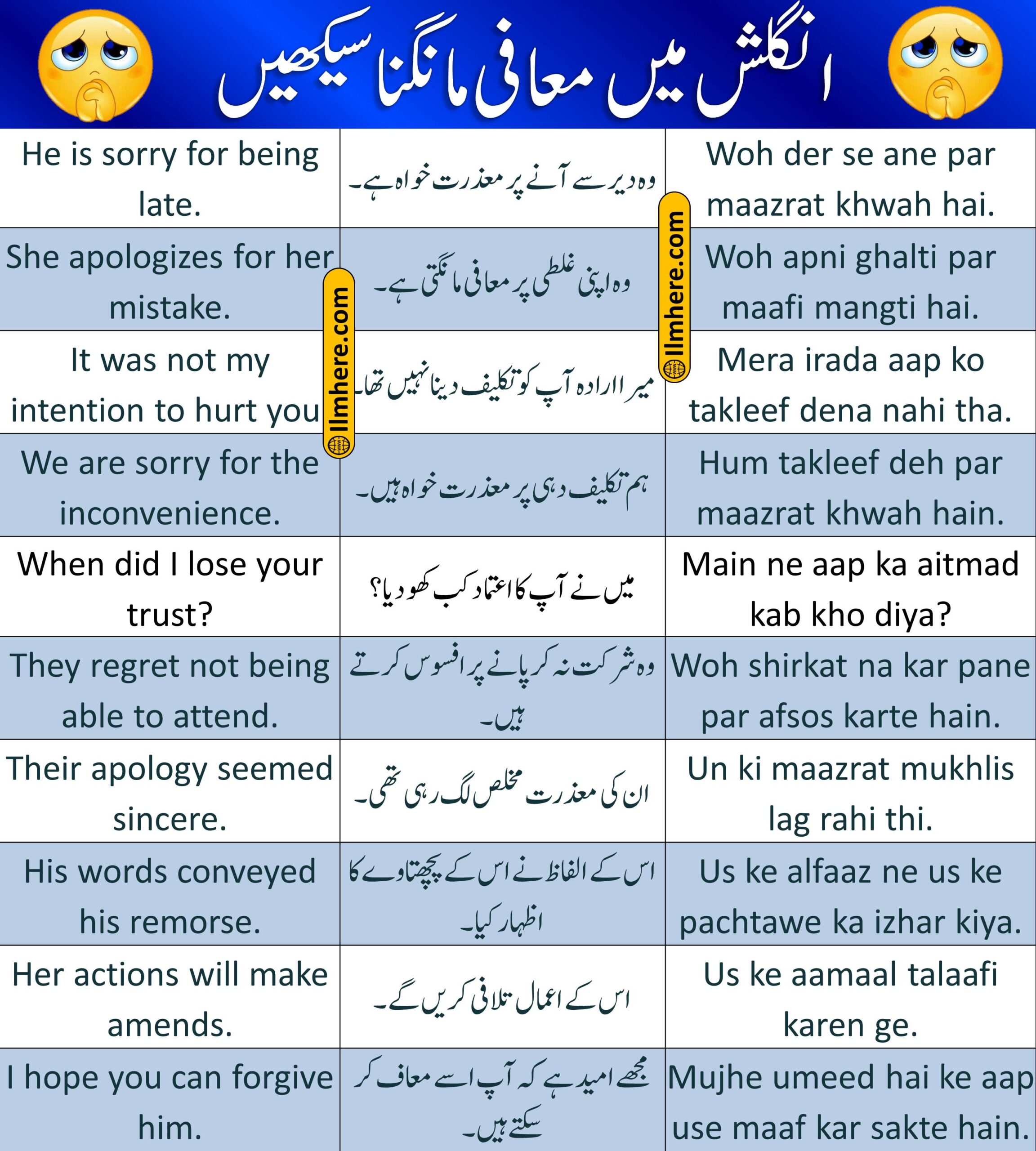 English to Urdu Sentences For Apologize - (1-25)