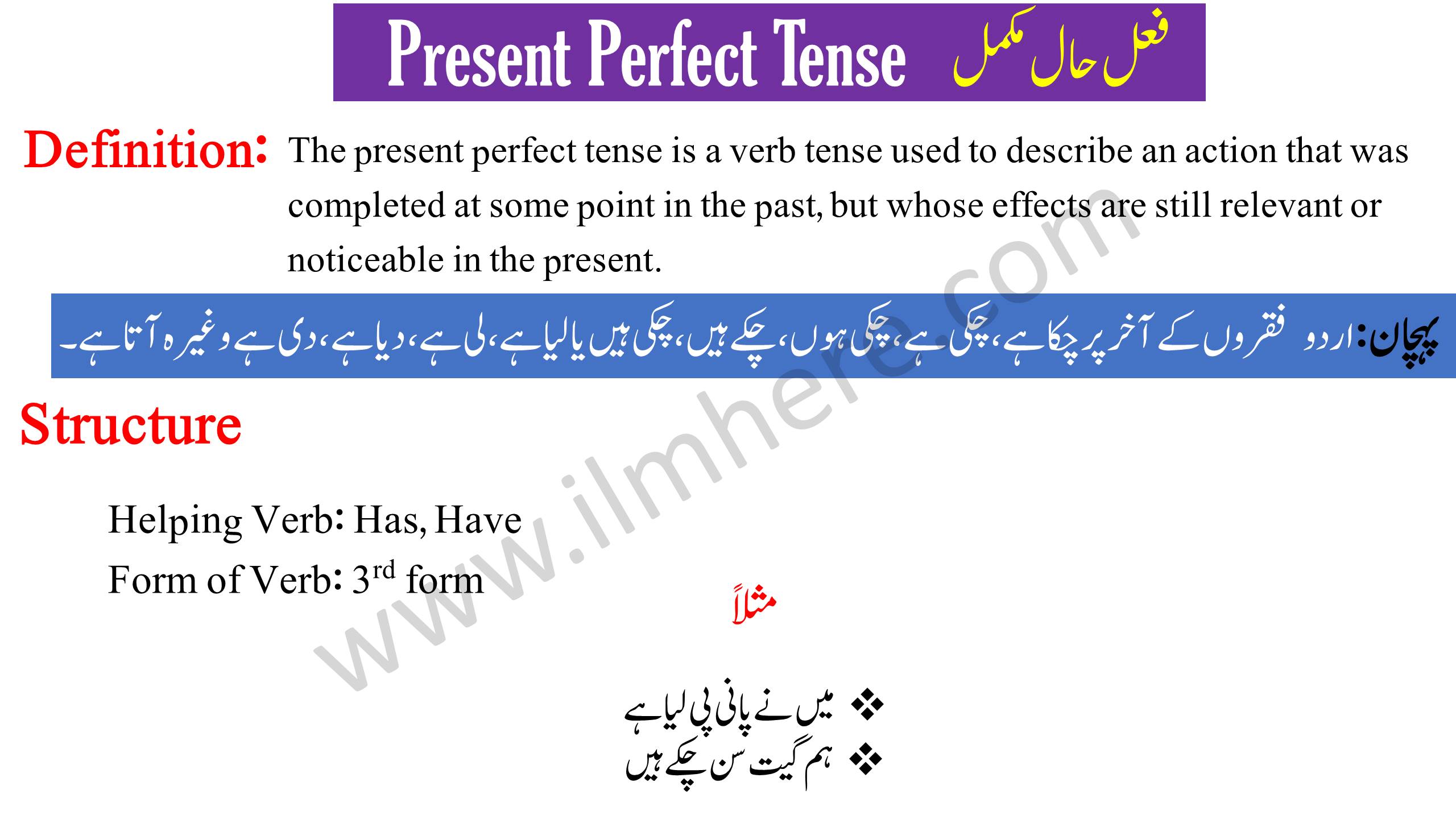 Present Perfect Tense in Urdu & English With Examples - (فعل حال مکمل)