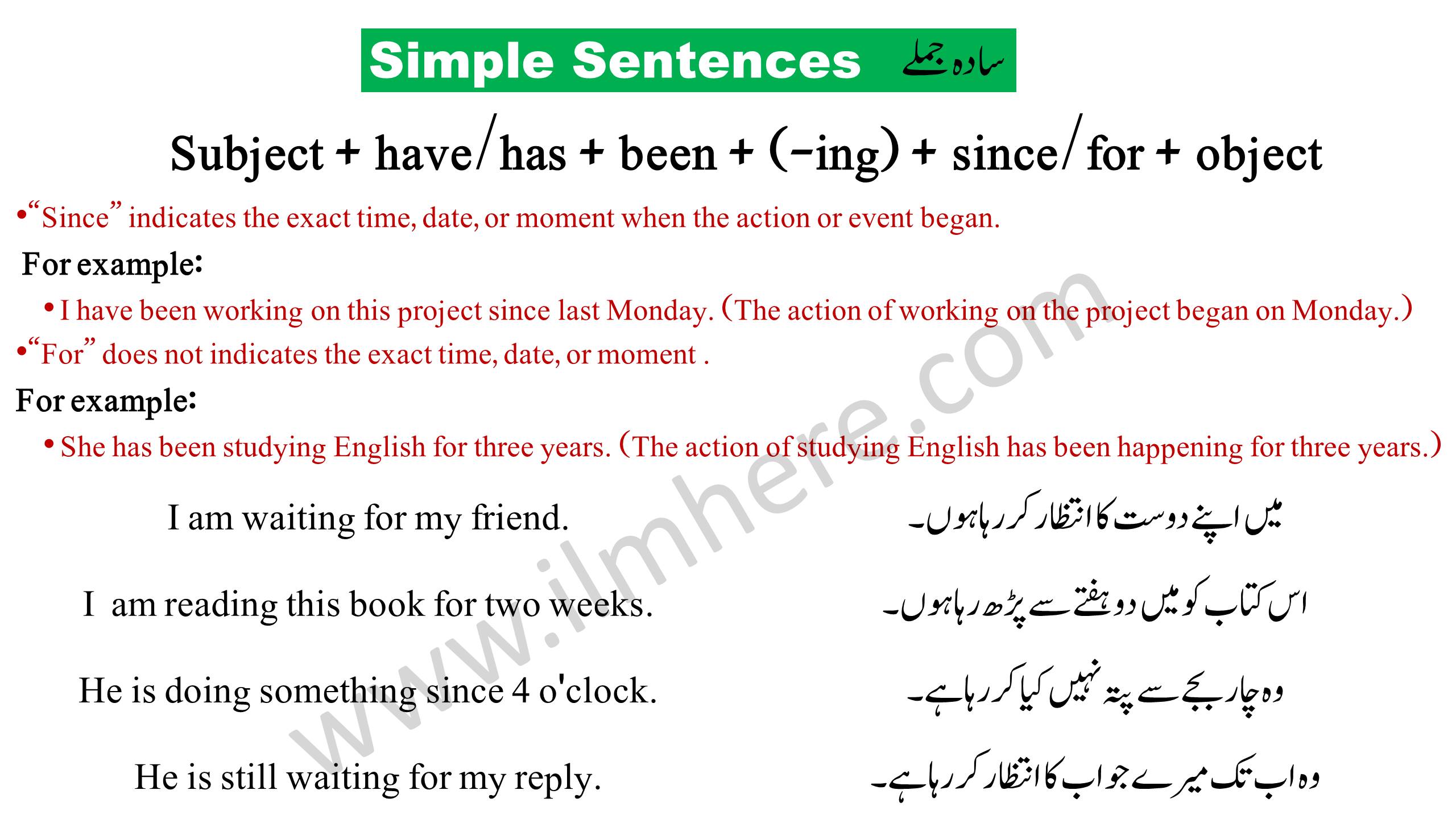 Simple Sentence - Present Perfect Continuous Tense in Urdu & English 