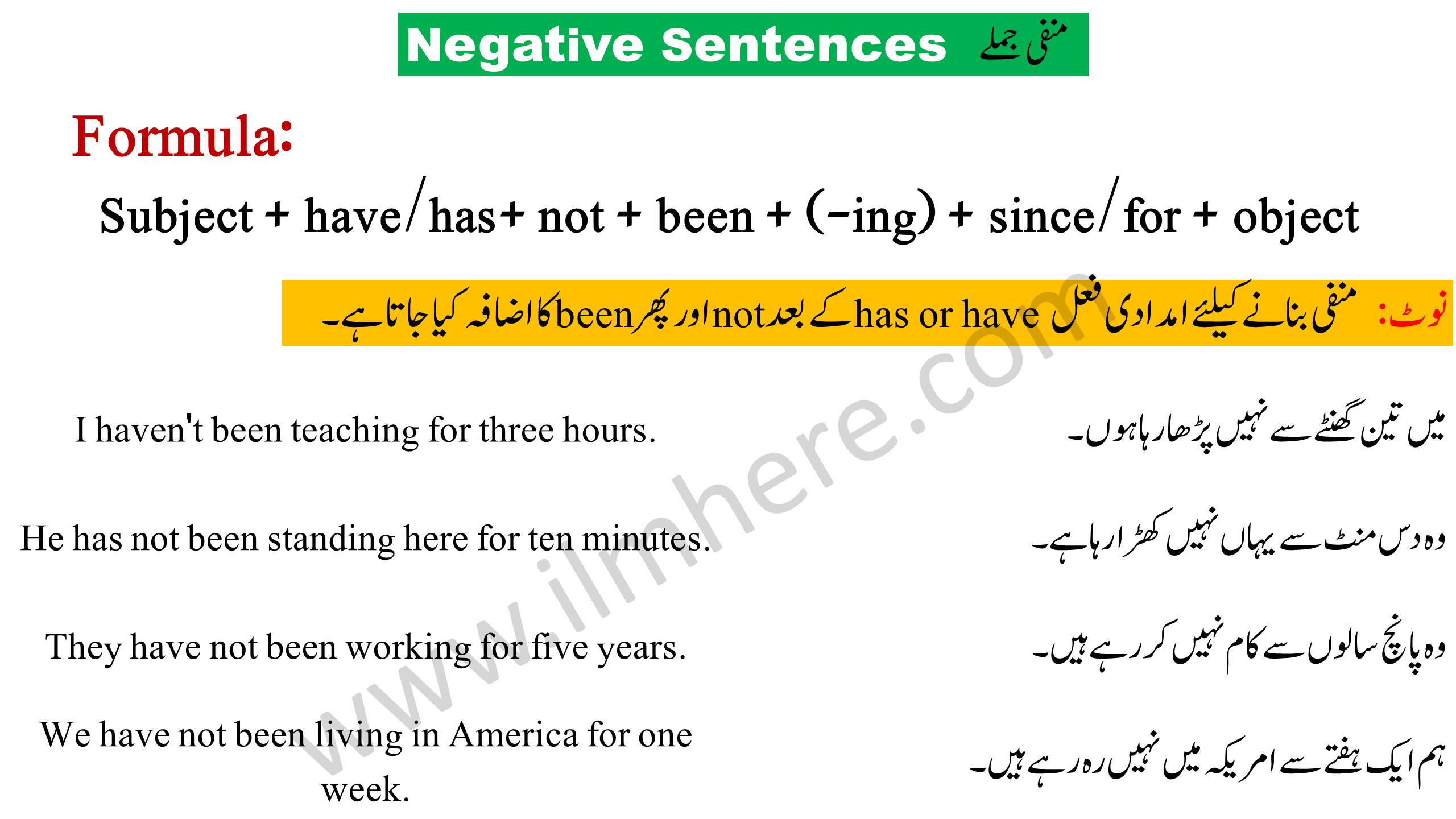 Negative Sentence - Present Perfect Continuous Tense in Urdu & English 