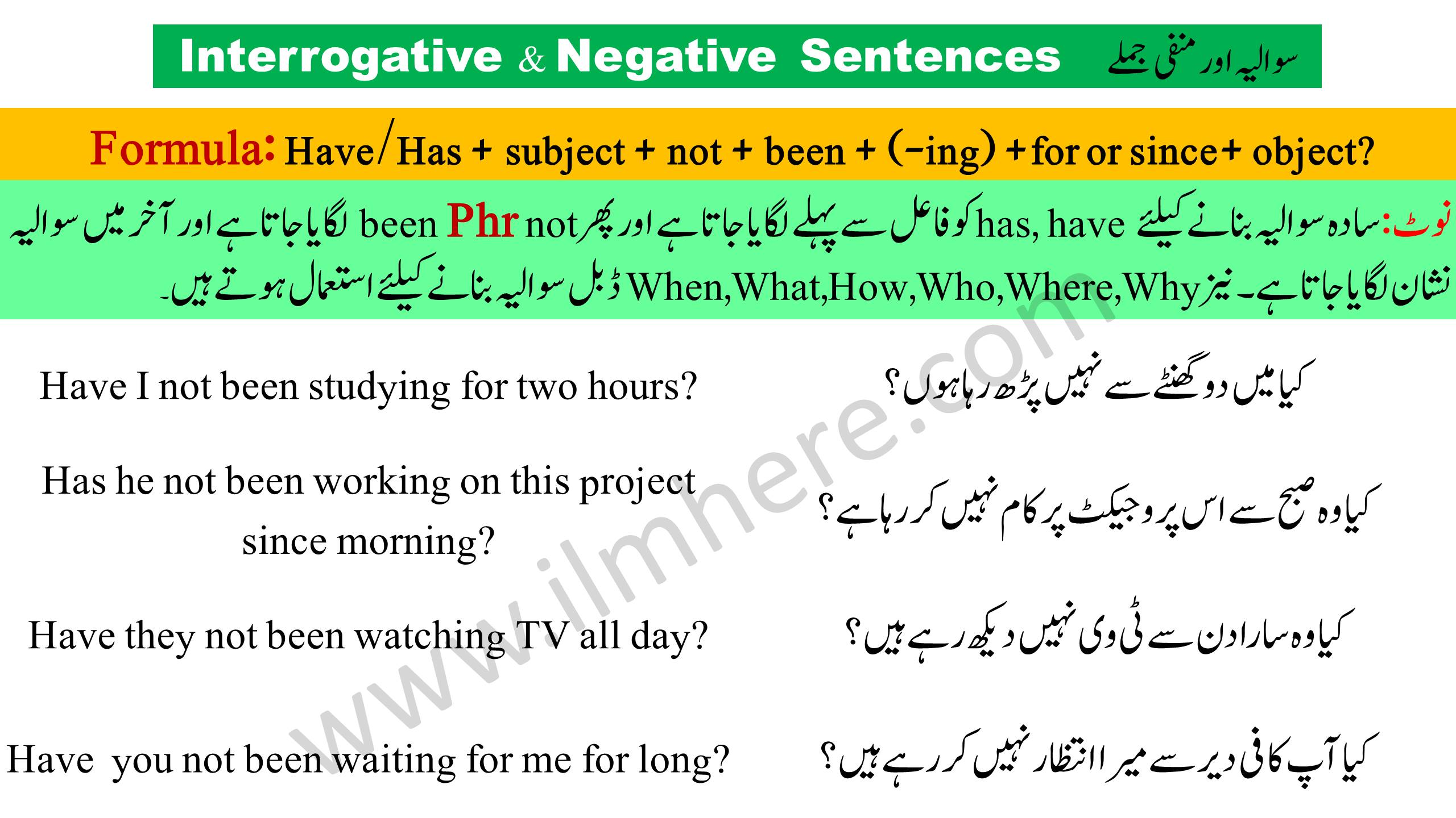 Interrogative & Negative  Sentences - Present Perfect Continuous Tense in Urdu & English 